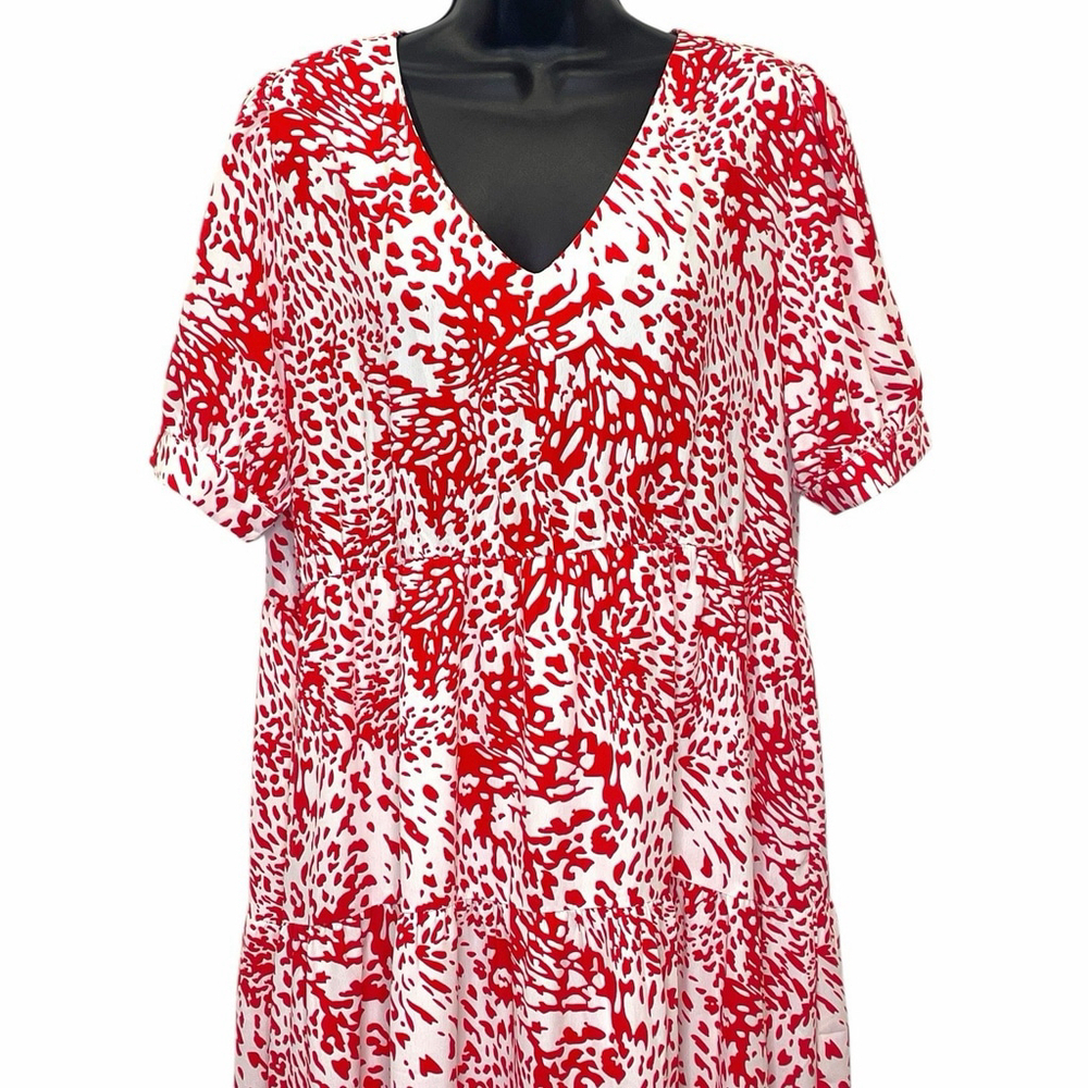 Jodifl Womens Large Animal Print Dress V Neck Pockets Lined Red White NWT - Picture 2 of 14